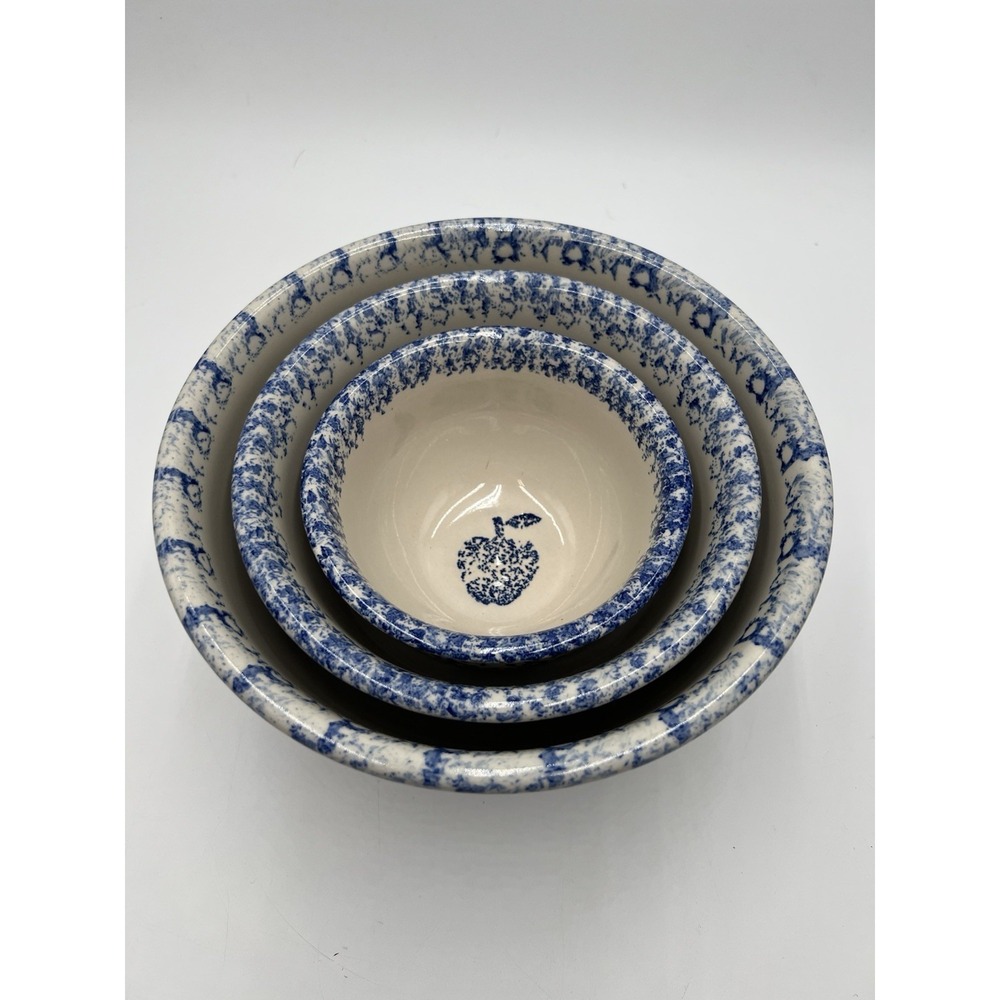 Folk Craft Tienshan Spongeware Mixing Bowl Set Blue Pottery 3 Pc USA